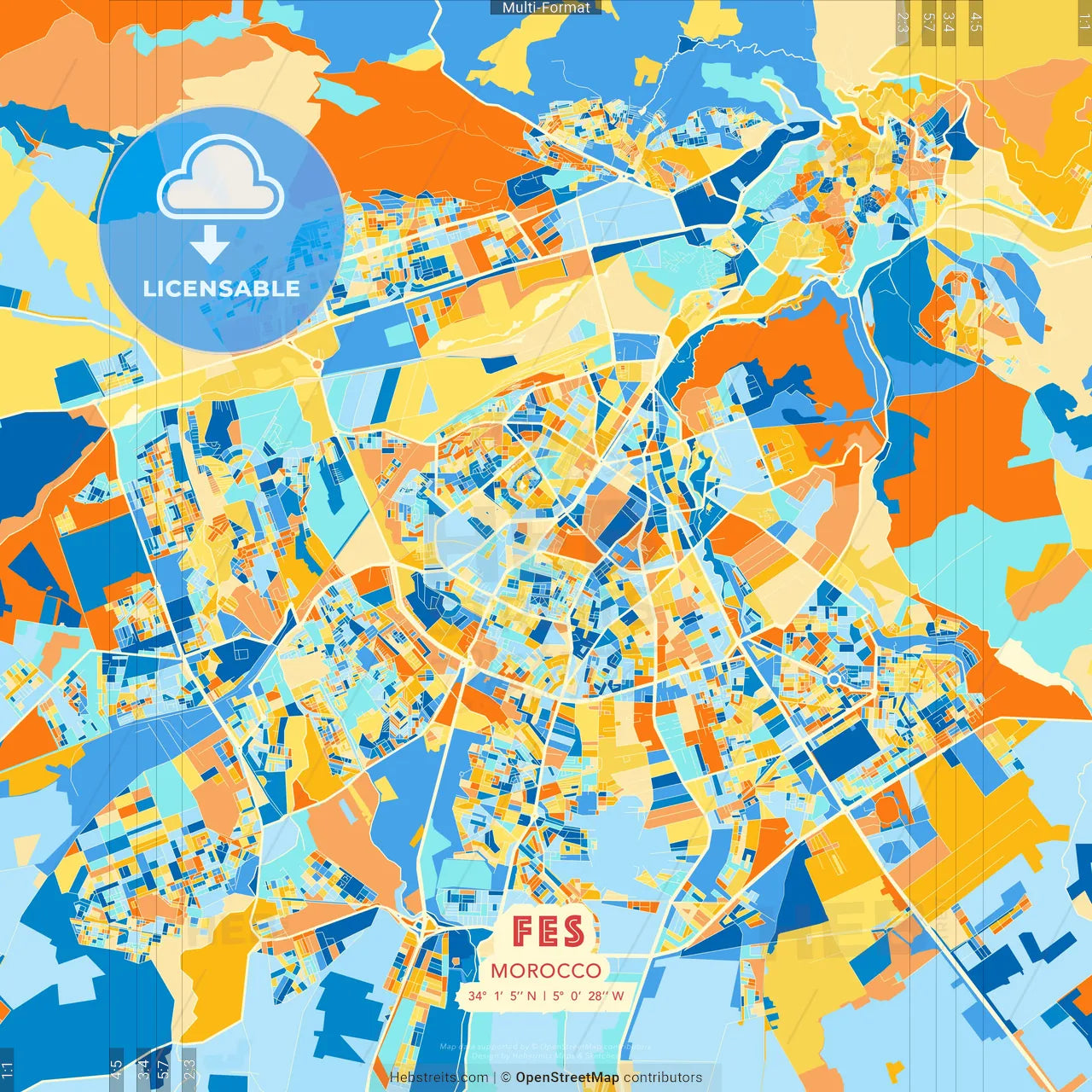 Fes, Morocco blue and orange vector art map template