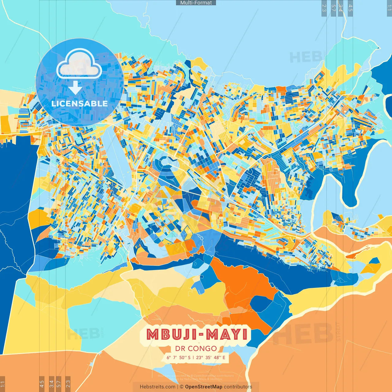 Mbuji-Mayi, DR Congo blue and orange vector art map template