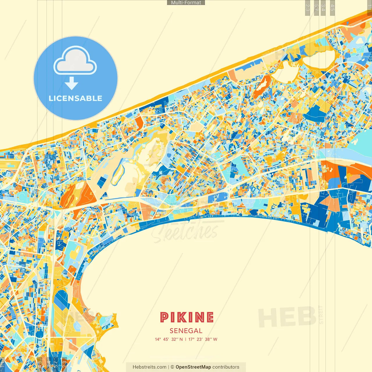 Pikine, Senegal blue and orange vector art map template