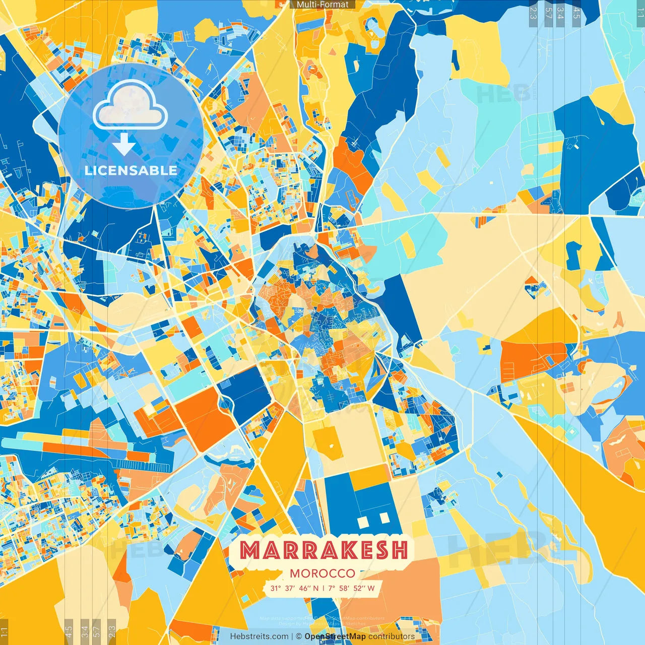 Marrakesh, Morocco blue and orange vector art map template