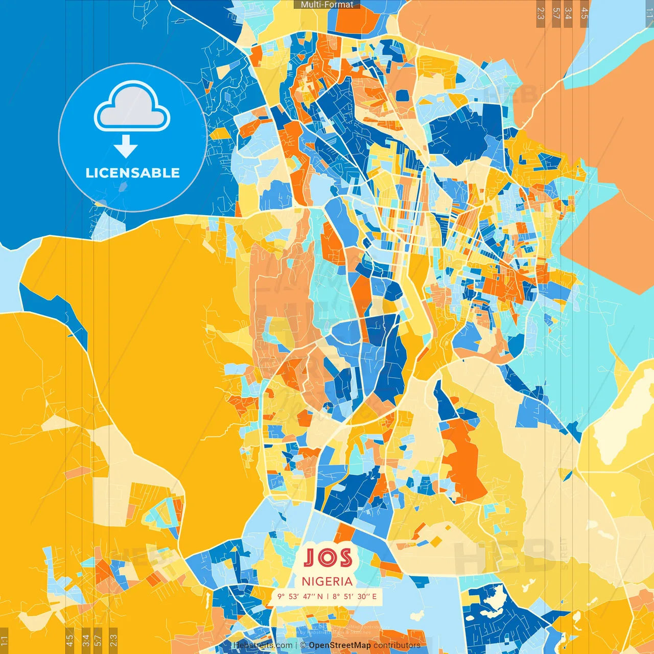 Jos, Nigeria blue and orange vector art map template