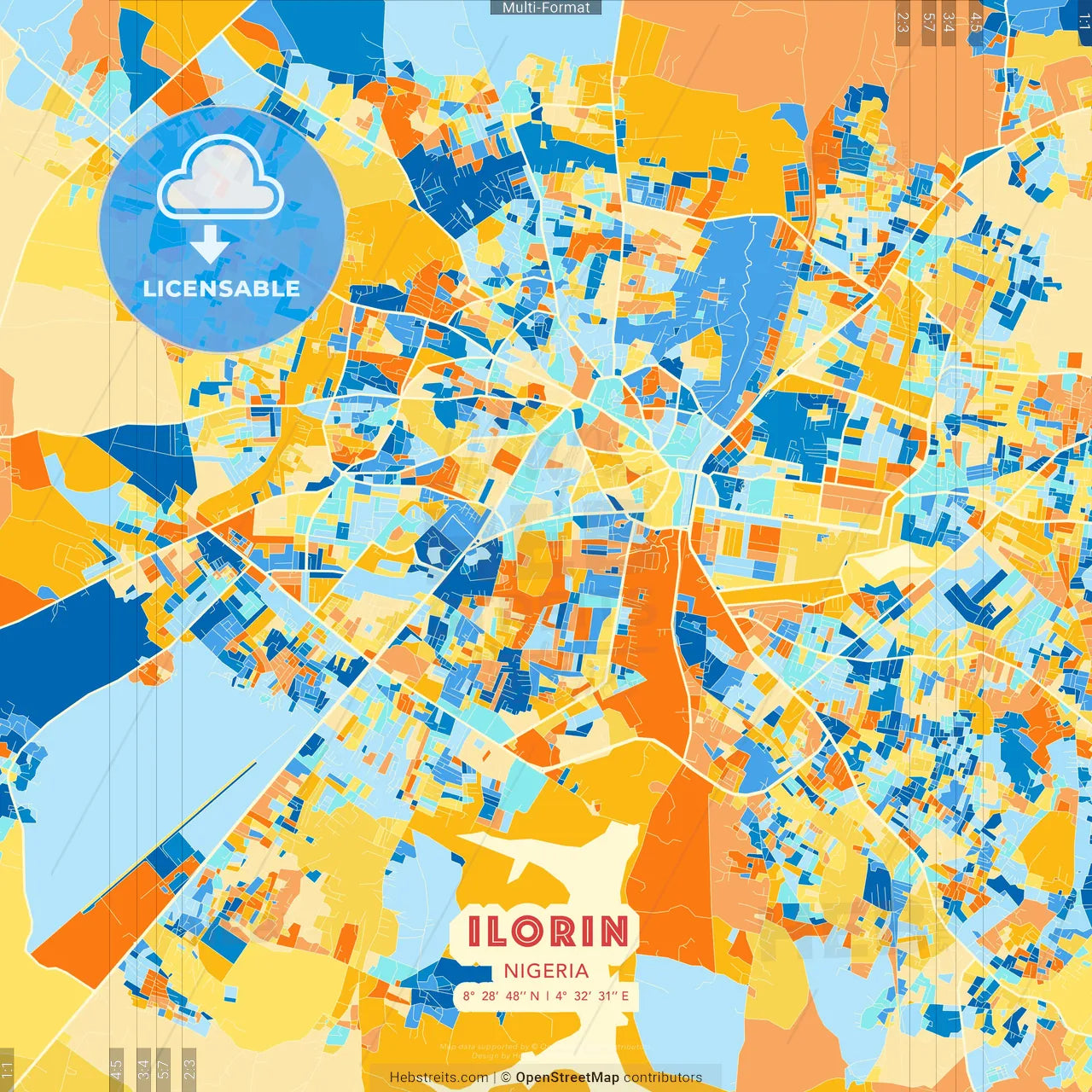 Ilorin, Nigeria blue and orange vector art map template