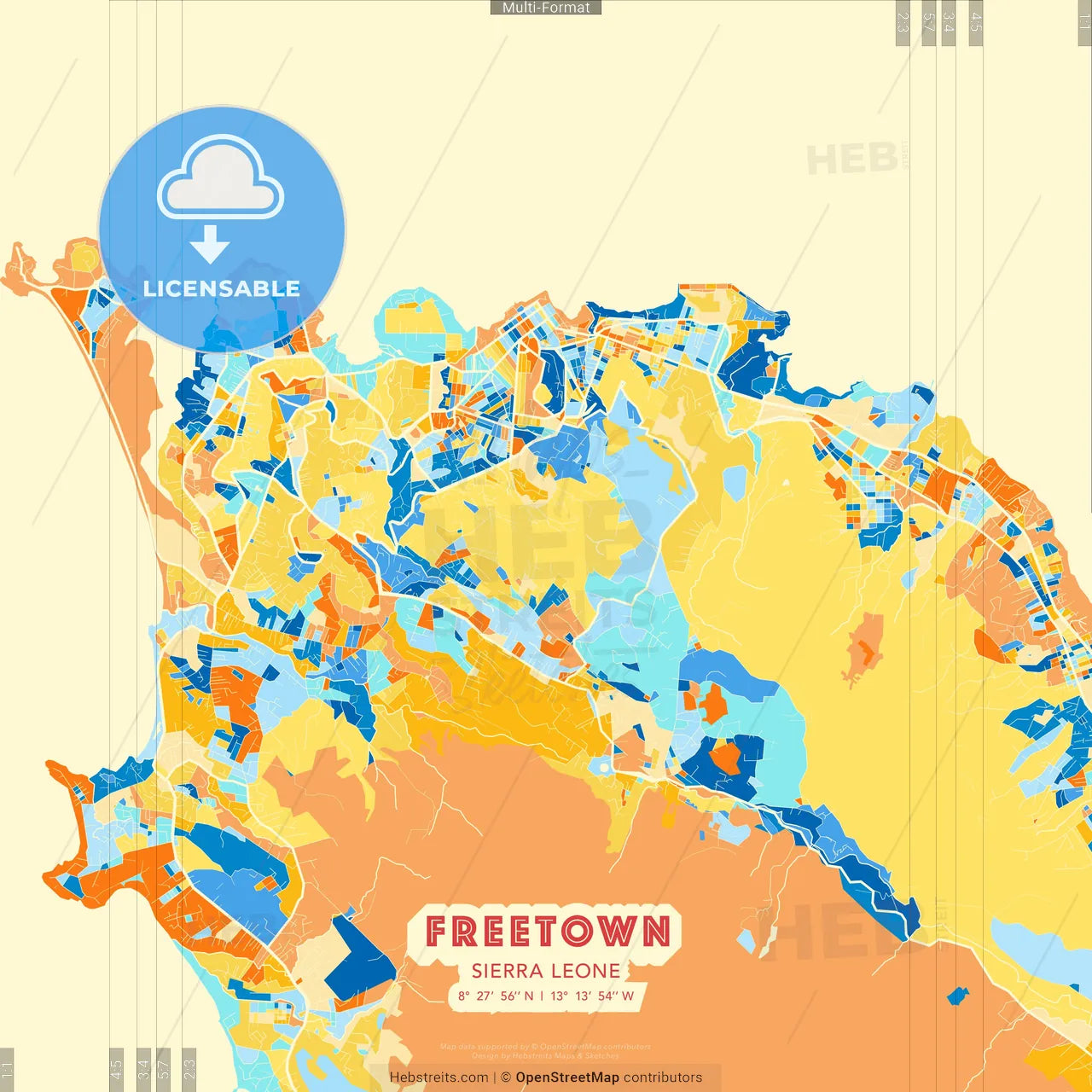 Freetown, Sierra Leone blue and orange vector art map template