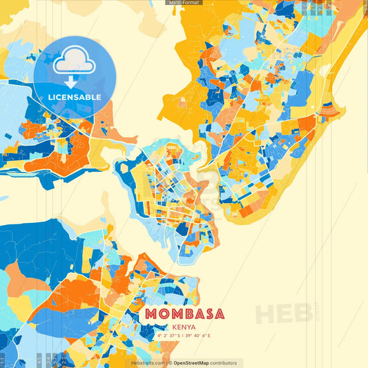 Mombasa, Kenya blue and orange vector art map template