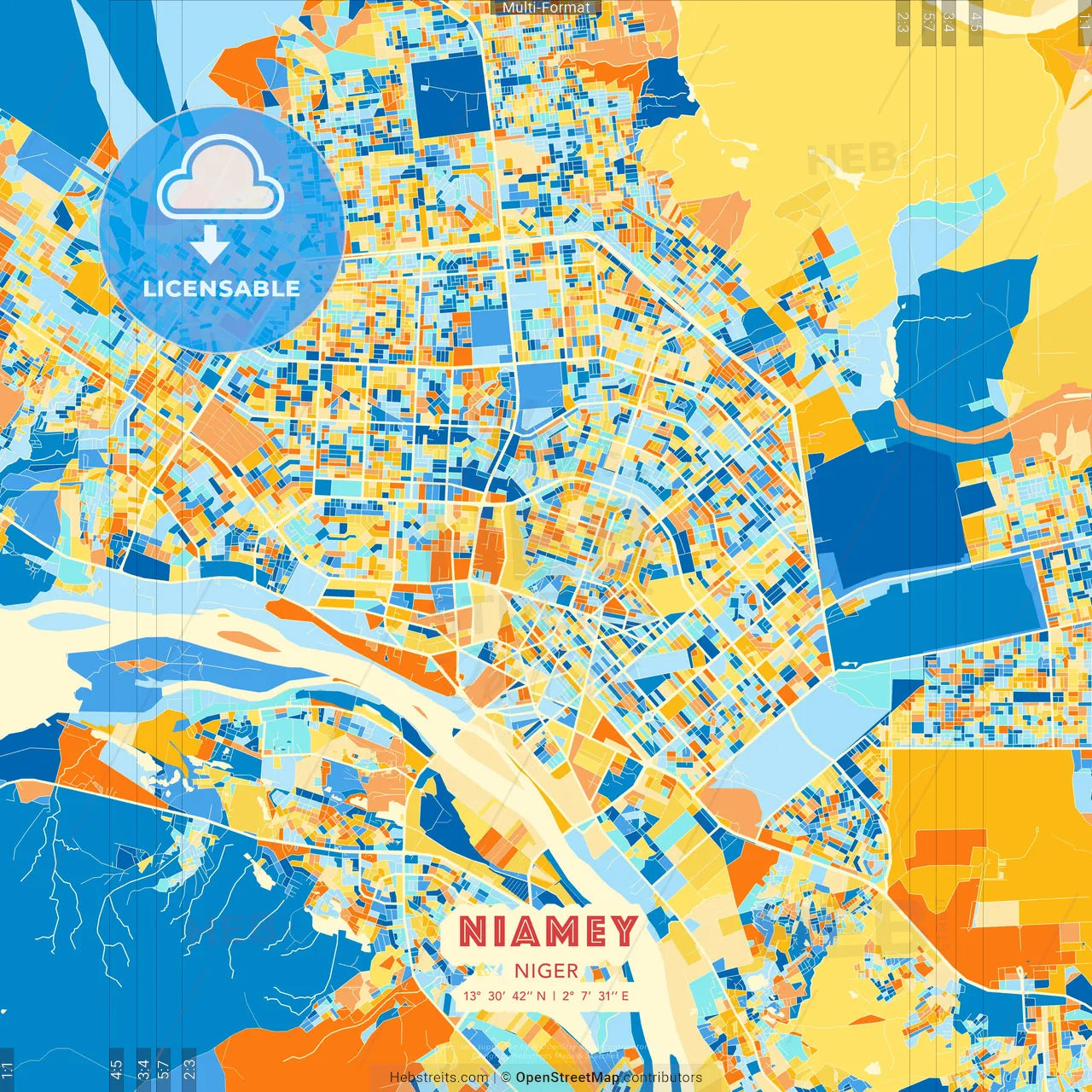 Niamey, Niger blue and orange vector art map template