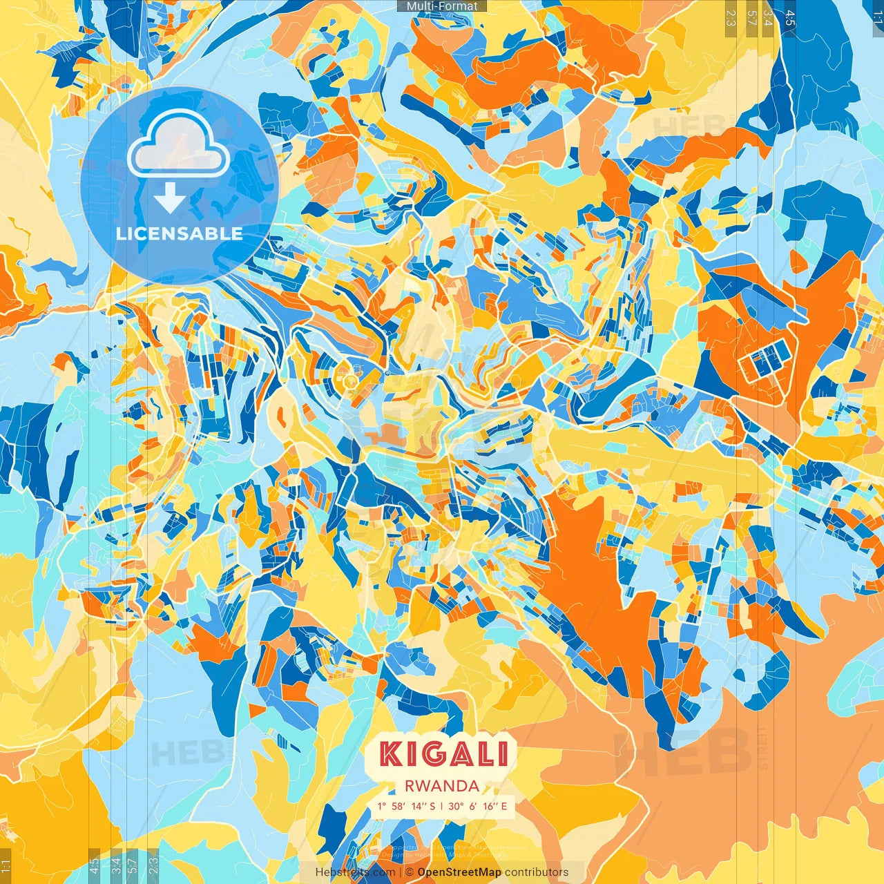 Kigali, Rwanda blue and orange vector art map template