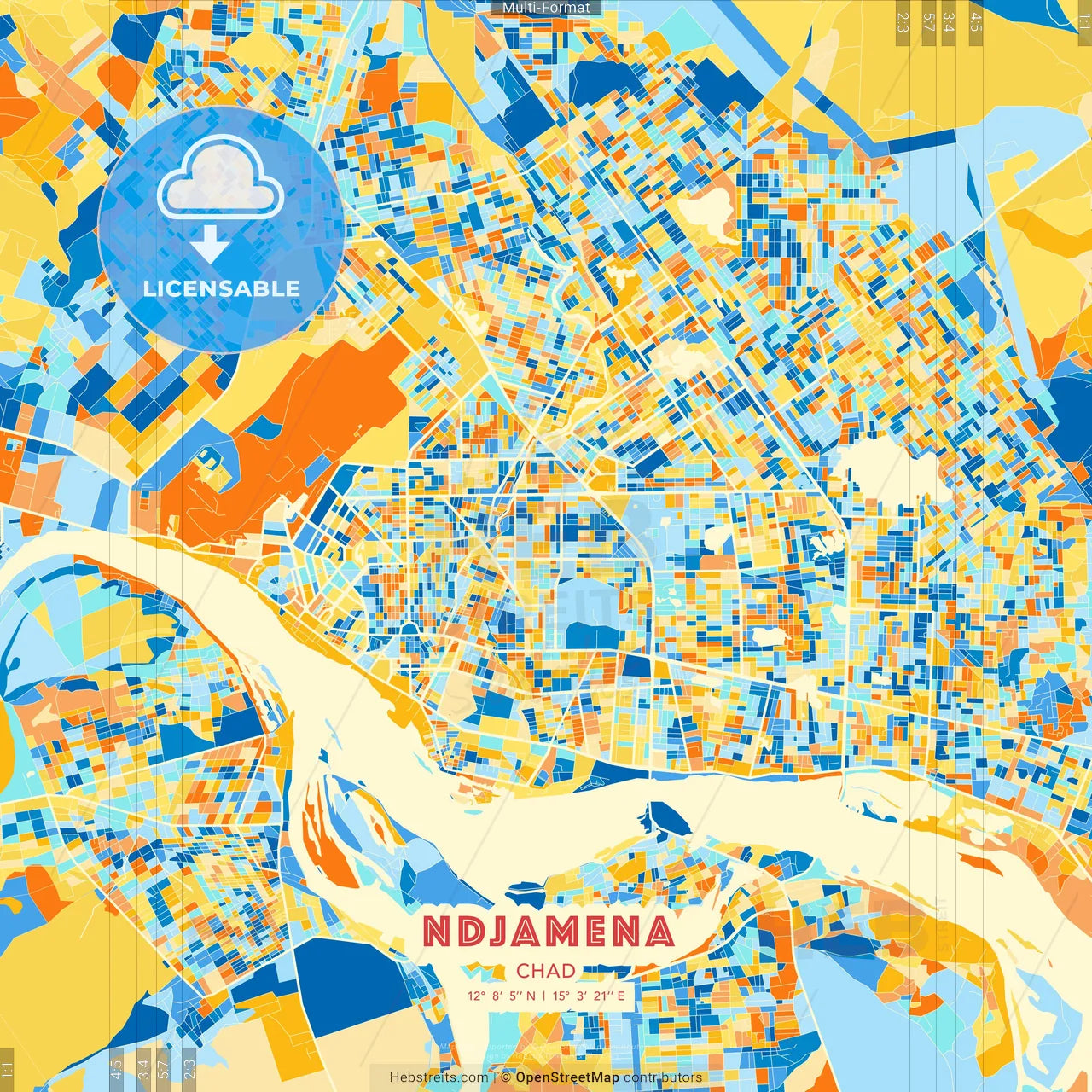 NDjamena, Chad blue and orange vector art map template
