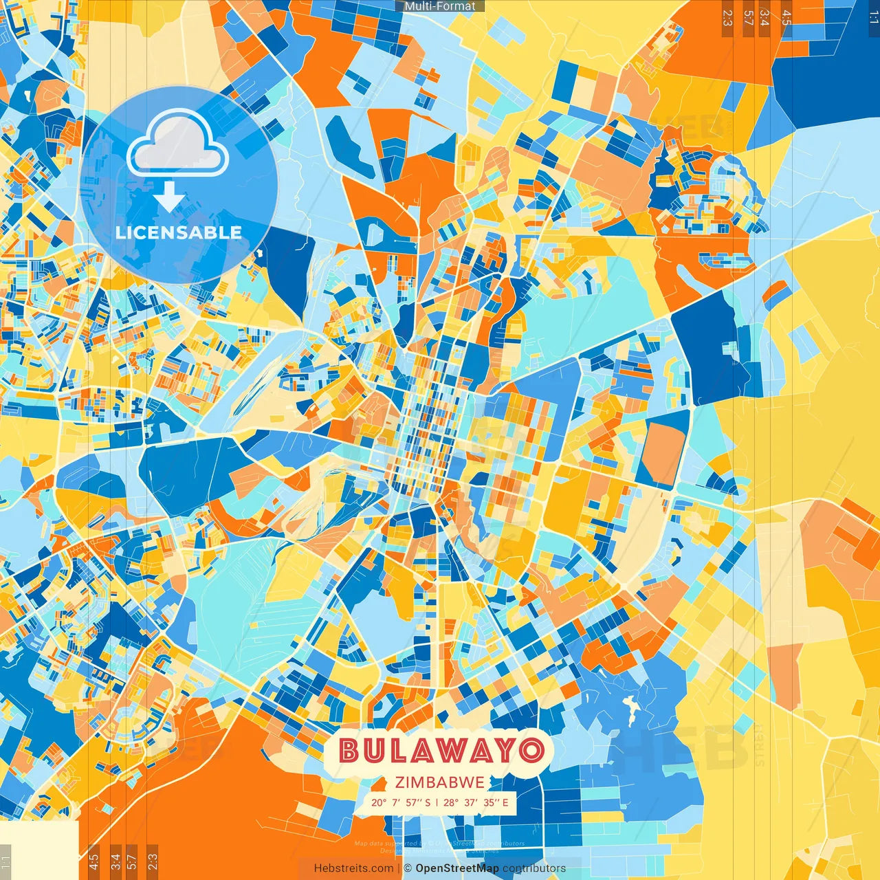 Bulawayo, Zimbabwe blue and orange vector art map template