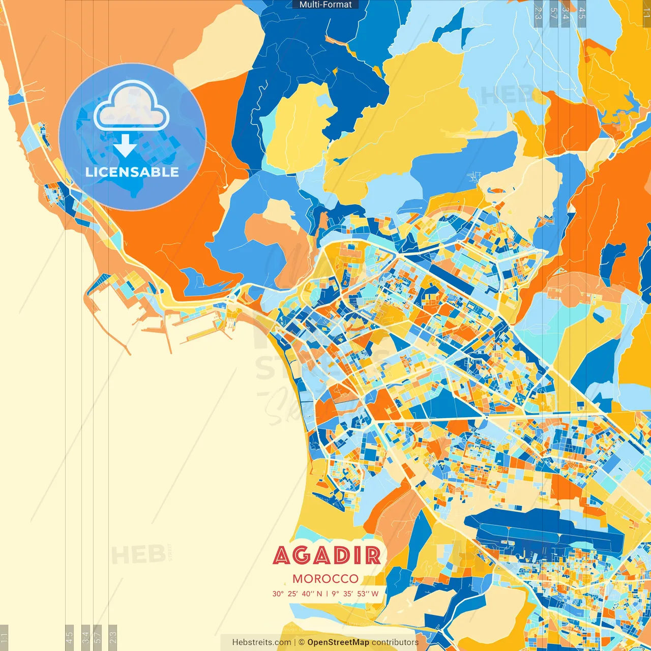 Agadir, Morocco blue and orange vector art map template