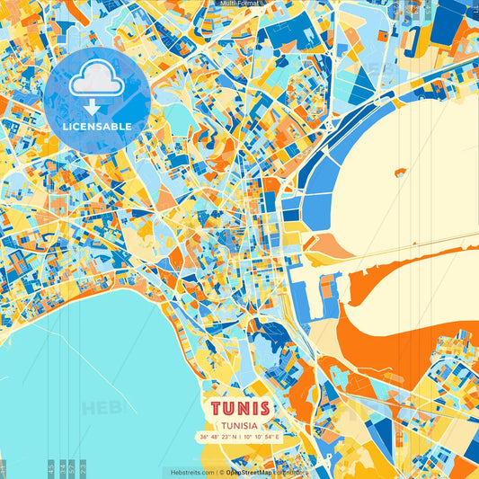 Tunis, Tunisia blue and orange vector art map template