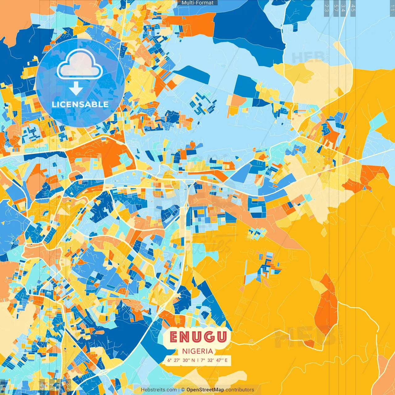 Enugu, Nigeria blue and orange vector art map template