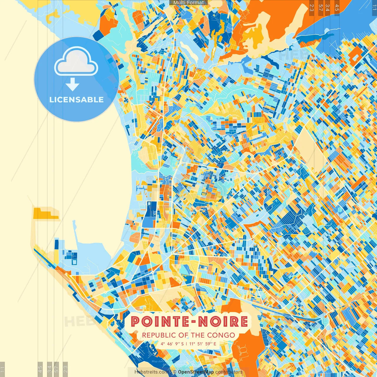 Pointe-Noire, Republic Of The Congo blue and orange vector art map template