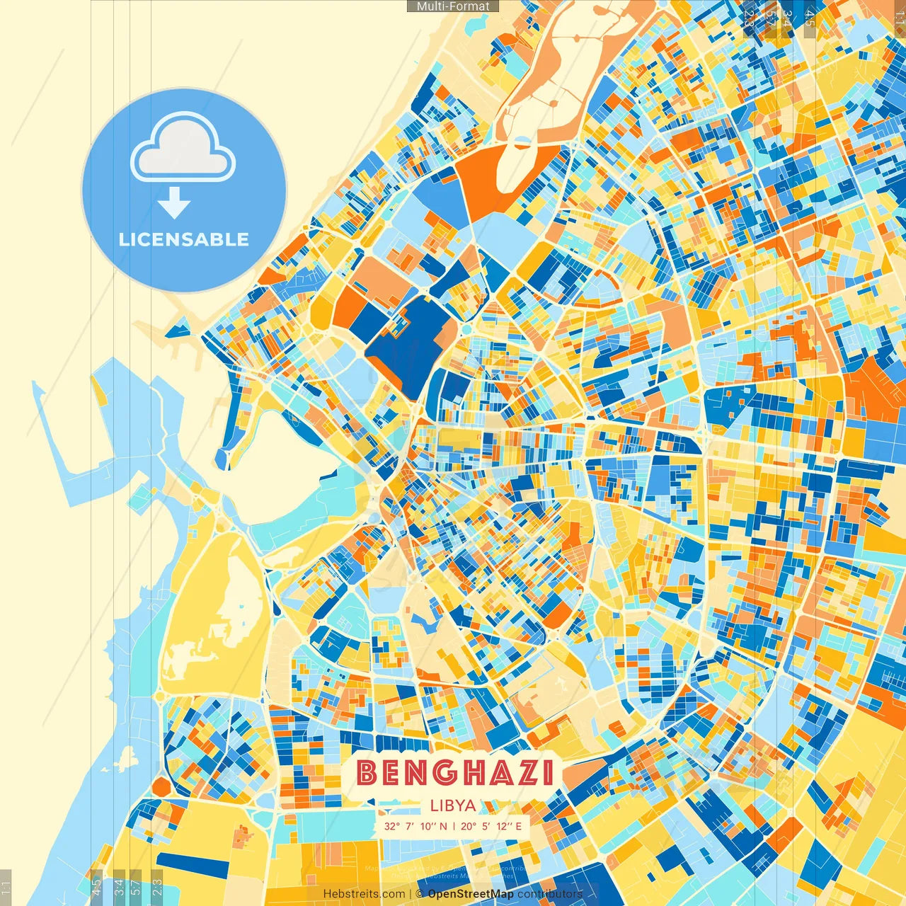 Benghazi, Libya blue and orange vector art map template