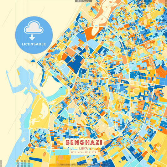 Benghazi, Libya blue and orange vector art map template
