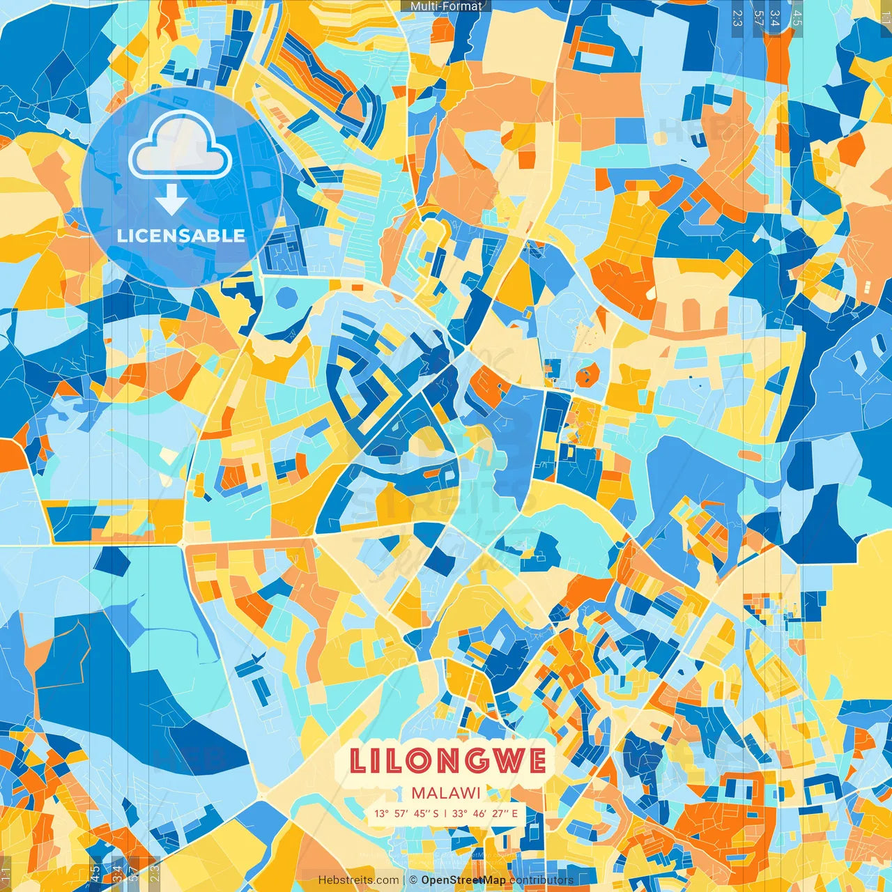 Lilongwe, Malawi blue and orange vector art map template