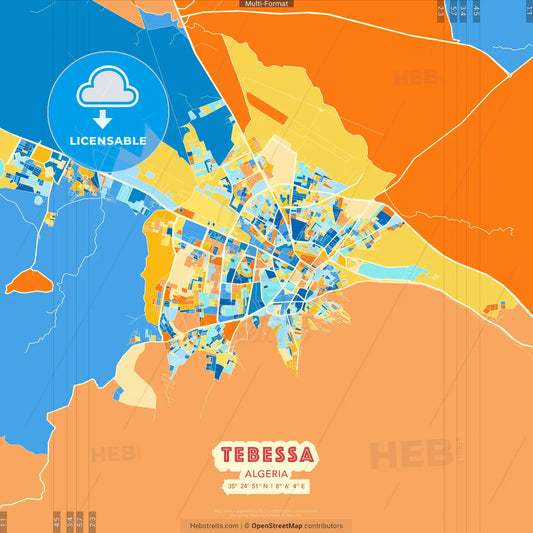 Tebessa, Algeria blue and orange vector art map template