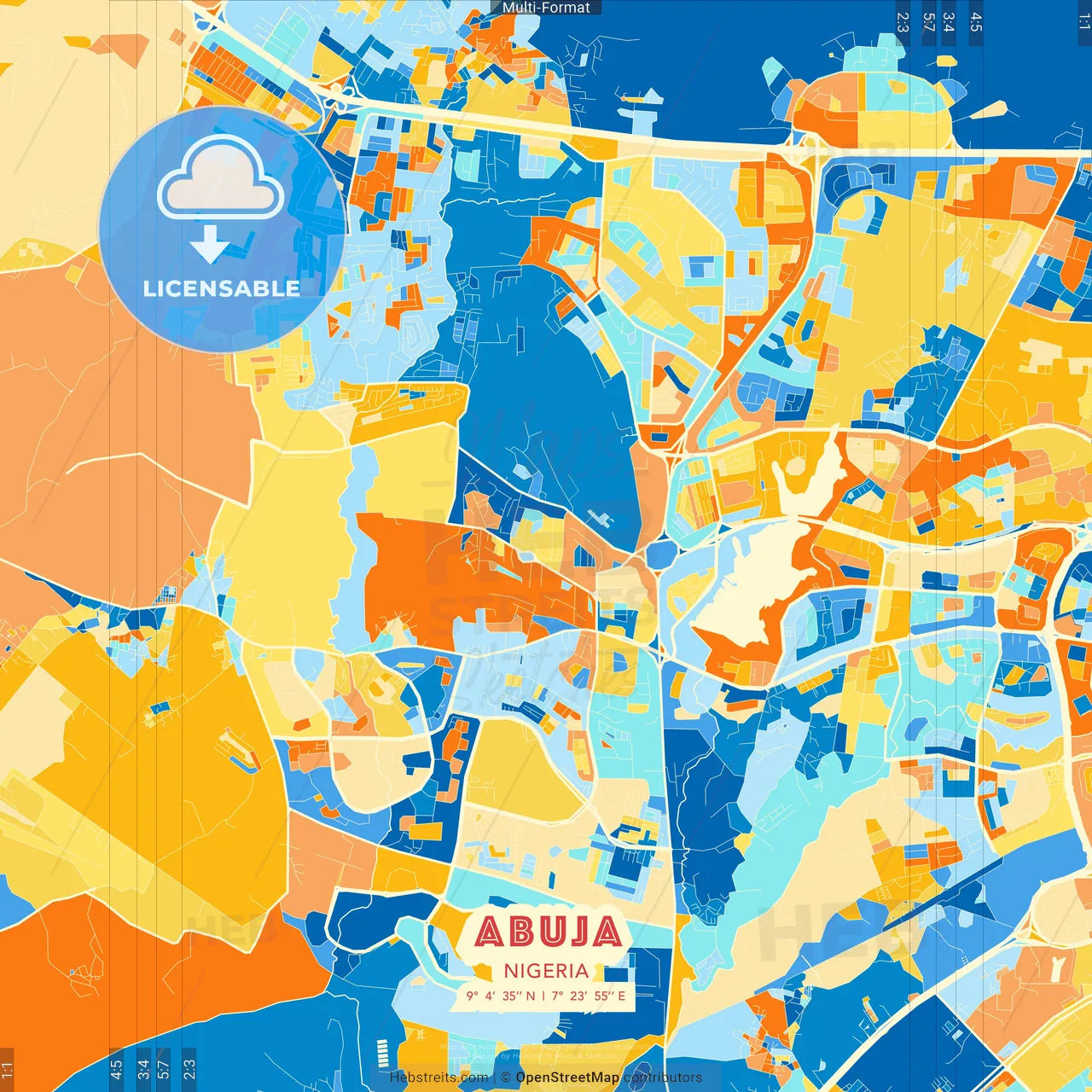 Abuja, Nigeria blue and orange vector art map template