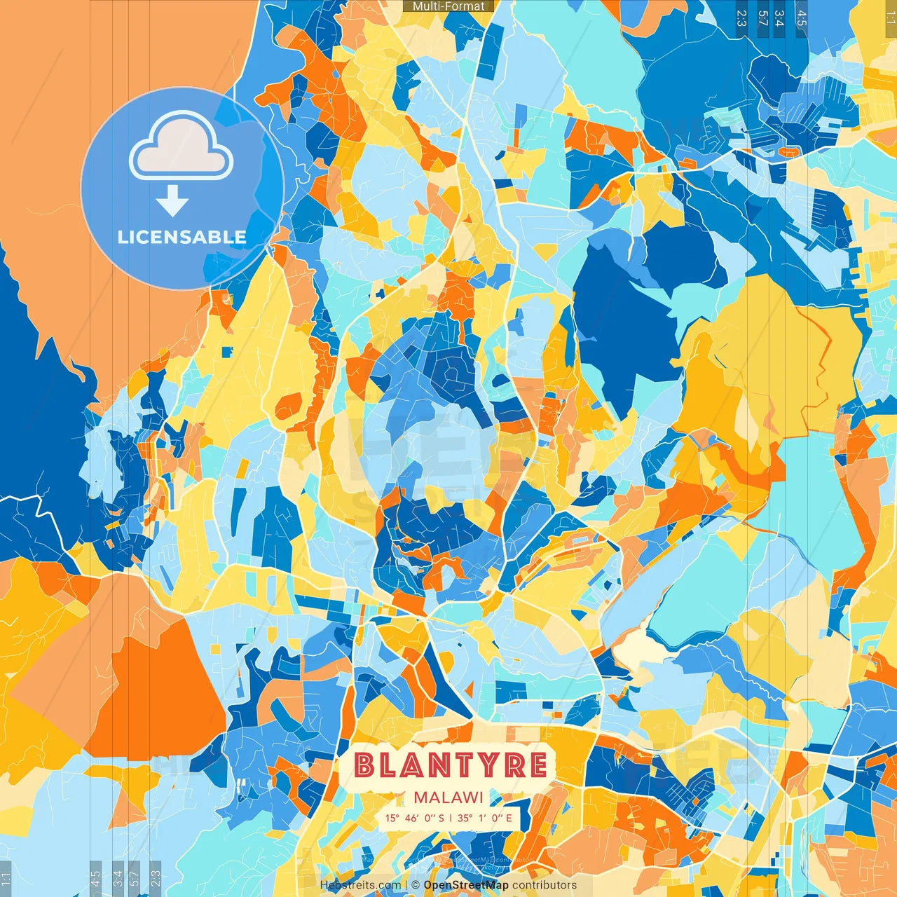 Blantyre, Malawi blue and orange vector art map template