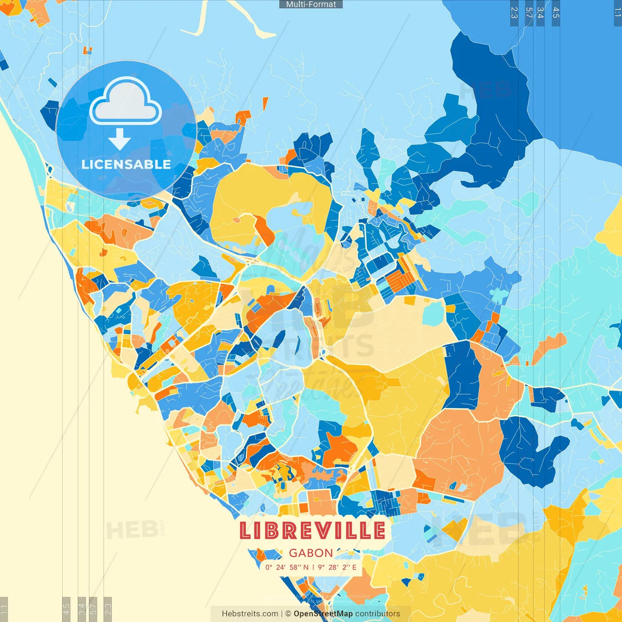Libreville, Gabon blue and orange vector art map template