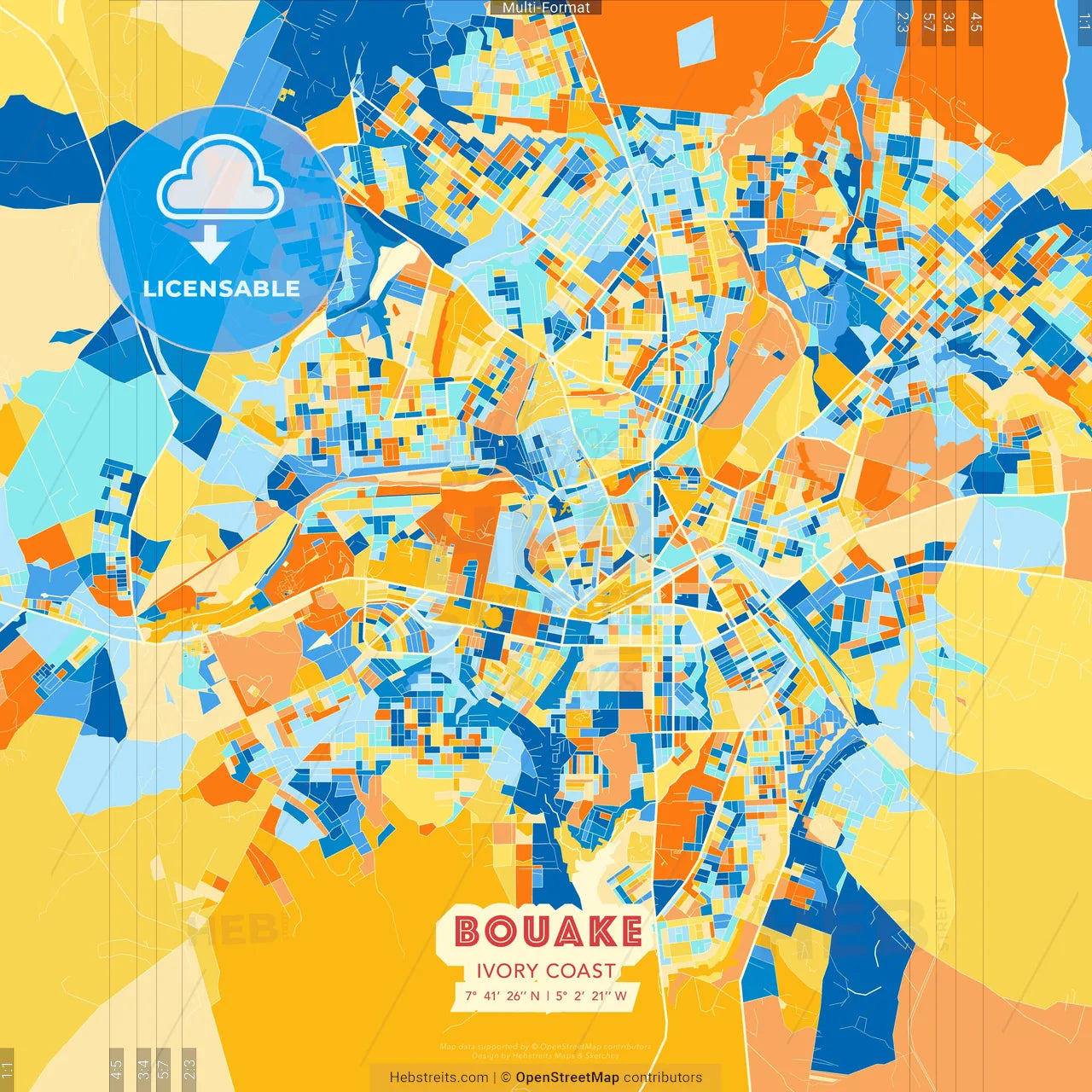 Bouake, Ivory Coast blue and orange vector art map template
