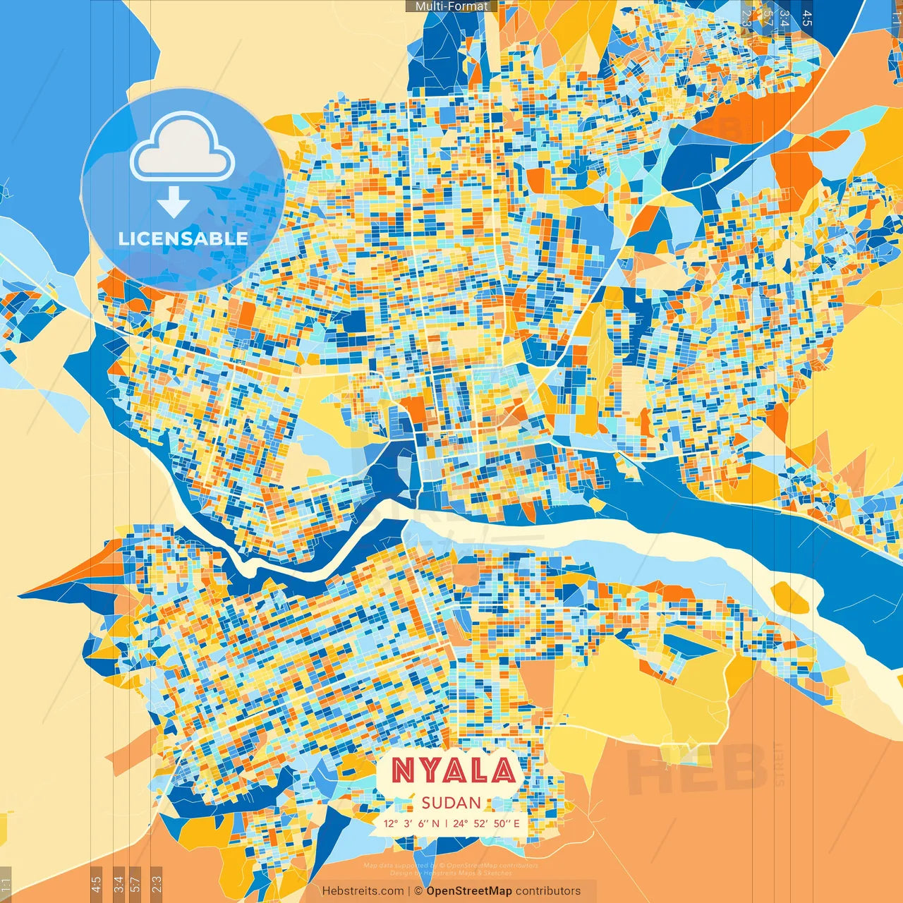 Nyala, Sudan blue and orange vector art map template
