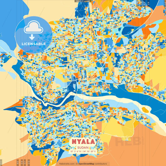 Nyala, Sudan blue and orange vector art map template