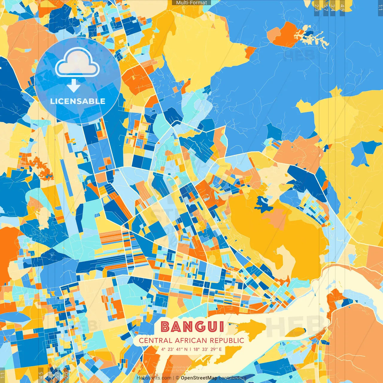 Bangui, Central African Republic blue and orange vector art map template