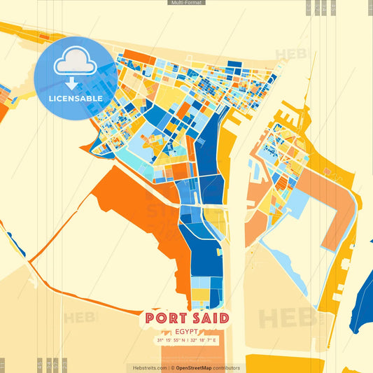 Port Said, Egypt blue and orange vector art map template