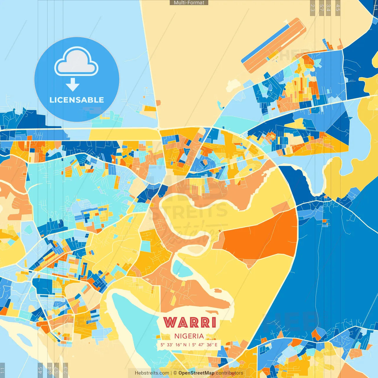 Warri, Nigeria blue and orange vector art map template