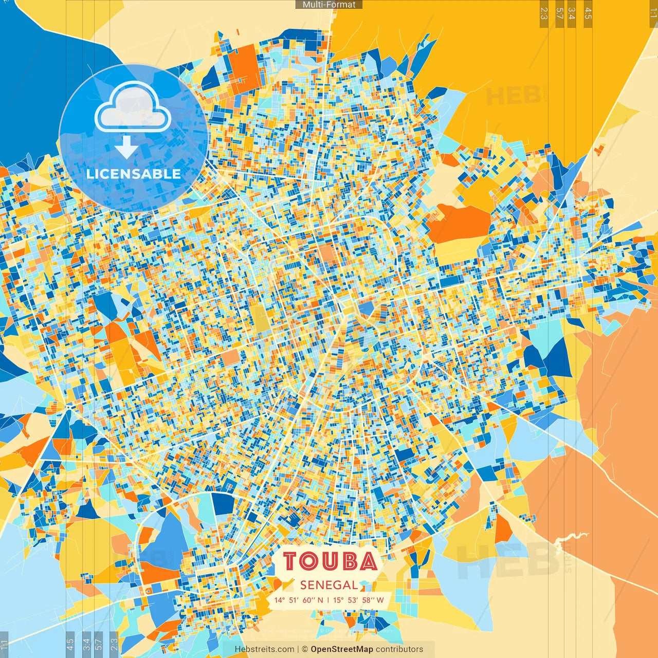 Touba, Senegal blue and orange vector art map template