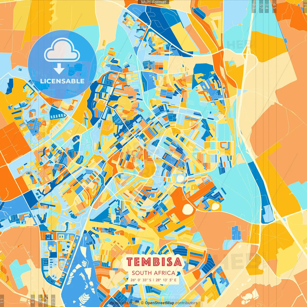 Tembisa, South Africa blue and orange vector art map template