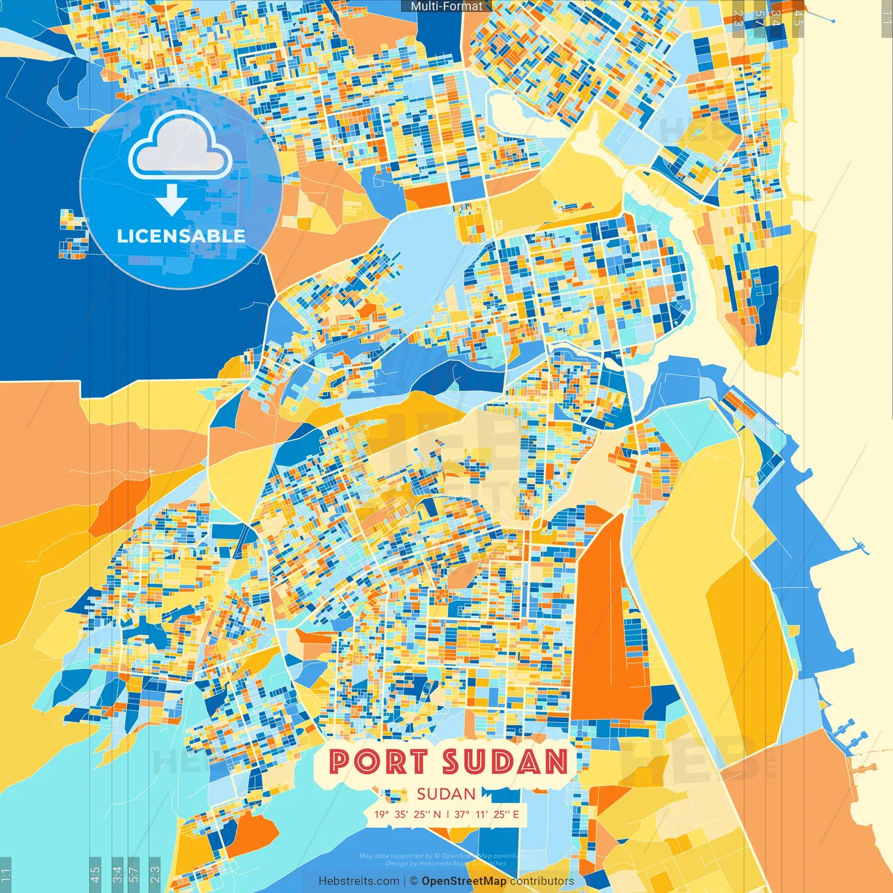 Port Sudan, Sudan blue and orange vector art map template