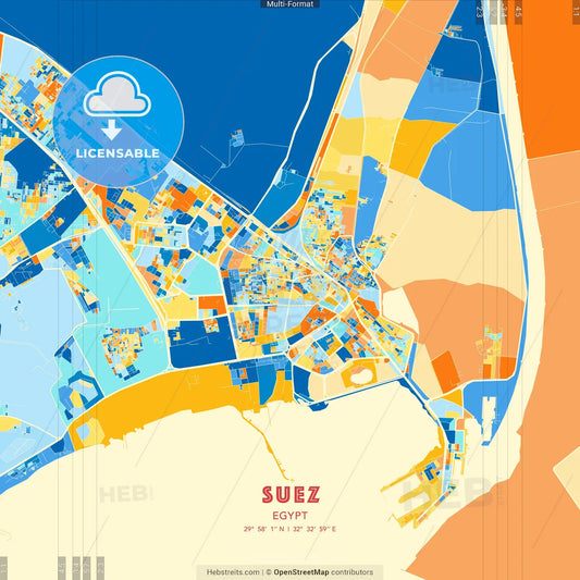 Suez, Egypt blue and orange vector art map template