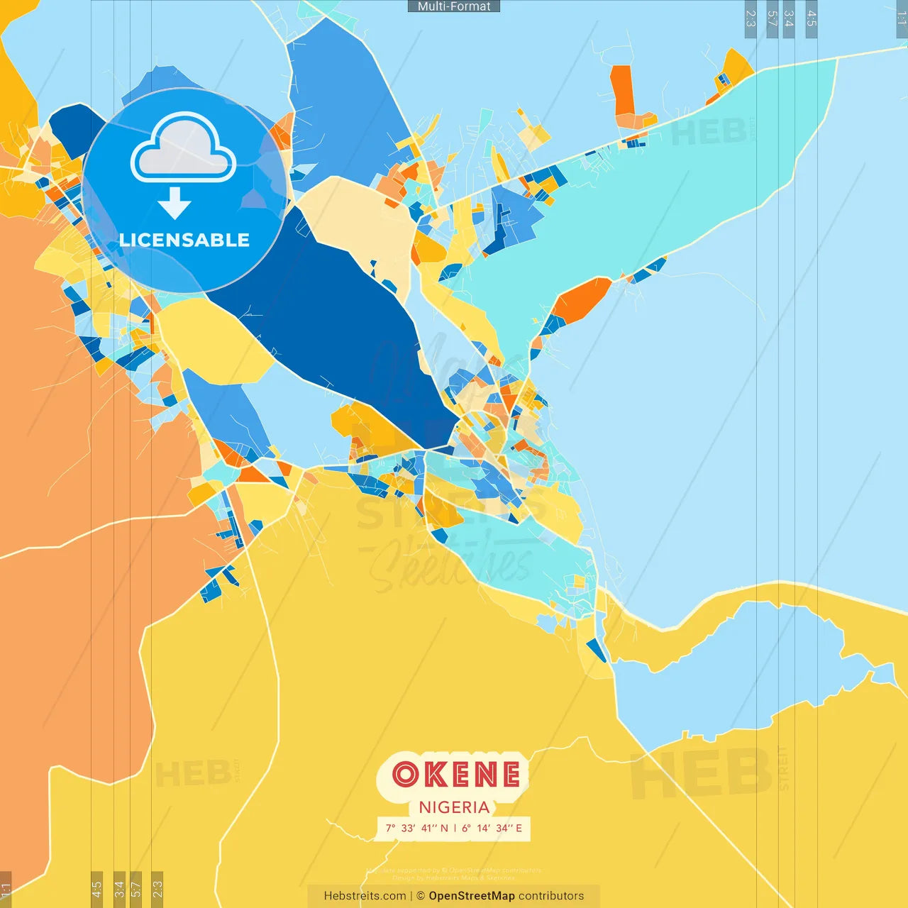 Okene, Nigeria blue and orange vector art map template