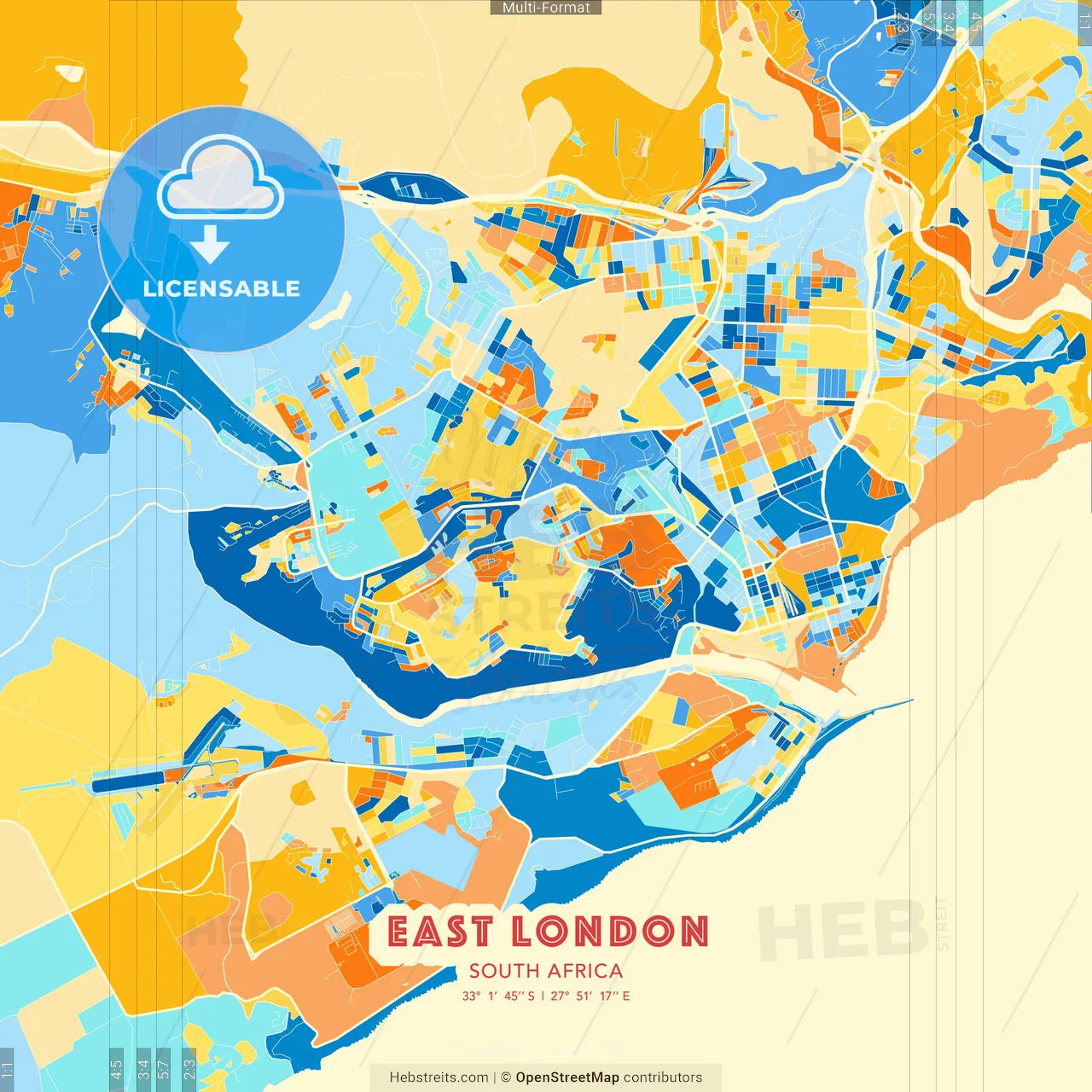 East London, South Africa blue and orange vector art map template