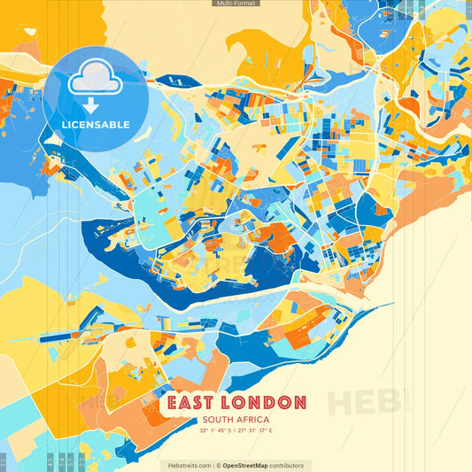East London, South Africa blue and orange vector art map template