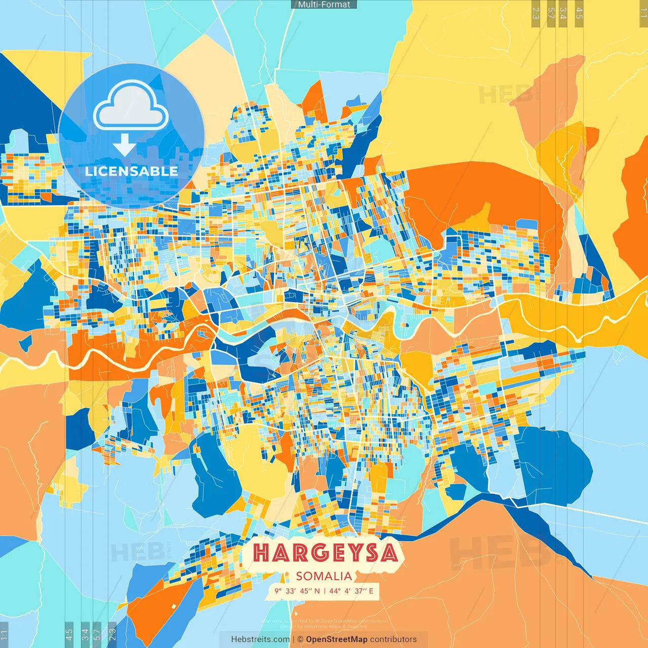 Hargeysa, Somalia blue and orange vector art map template