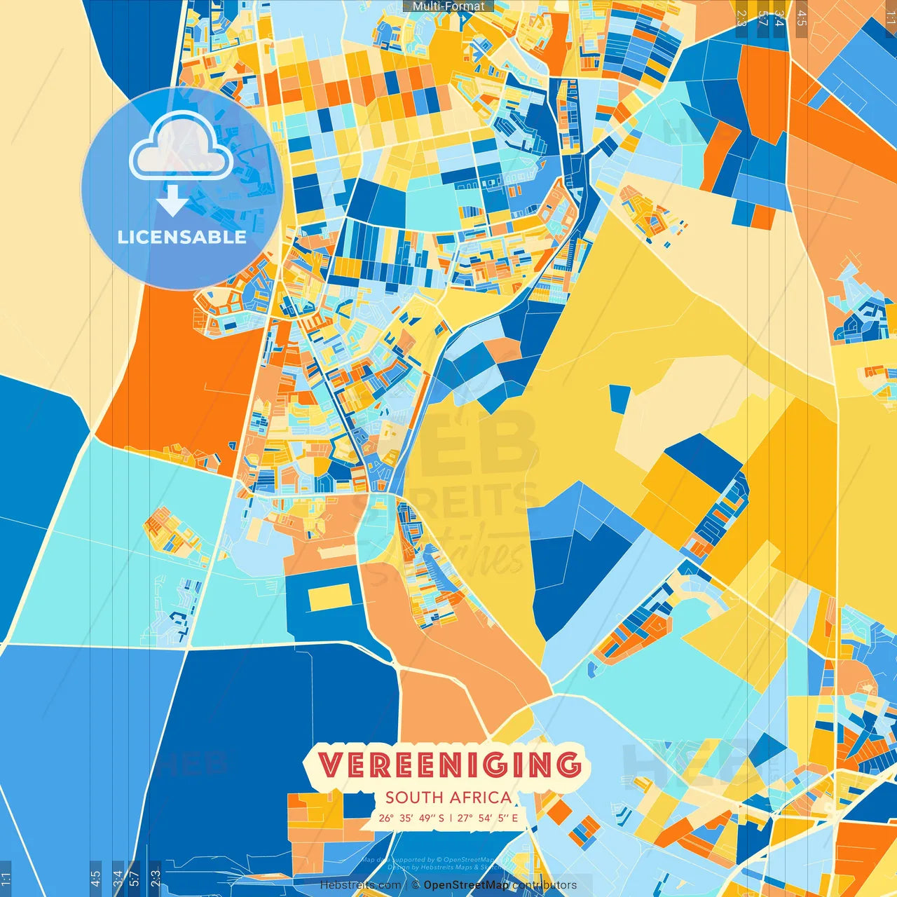 Vereeniging, South Africa blue and orange vector art map template