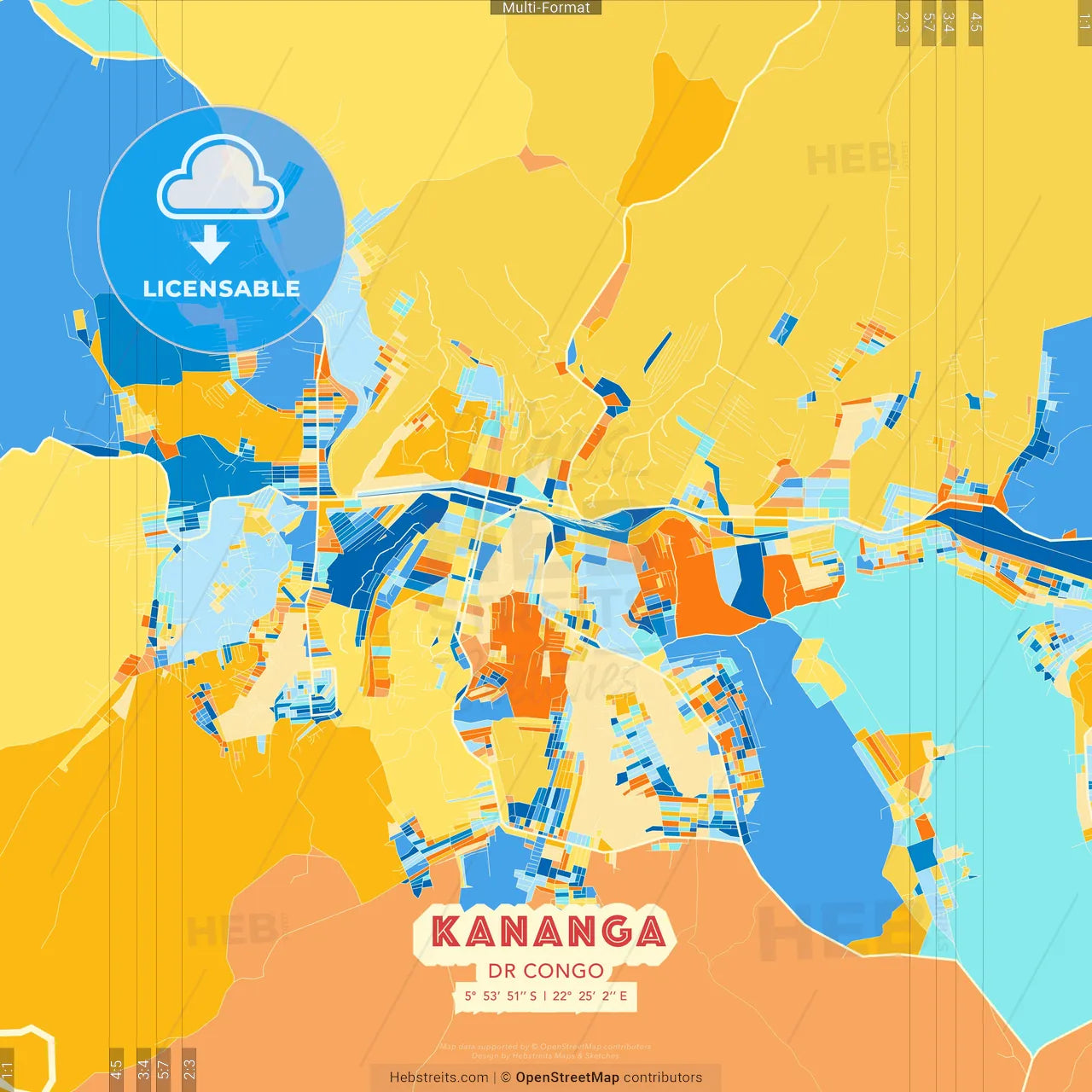 Kananga, DR Congo blue and orange vector art map template