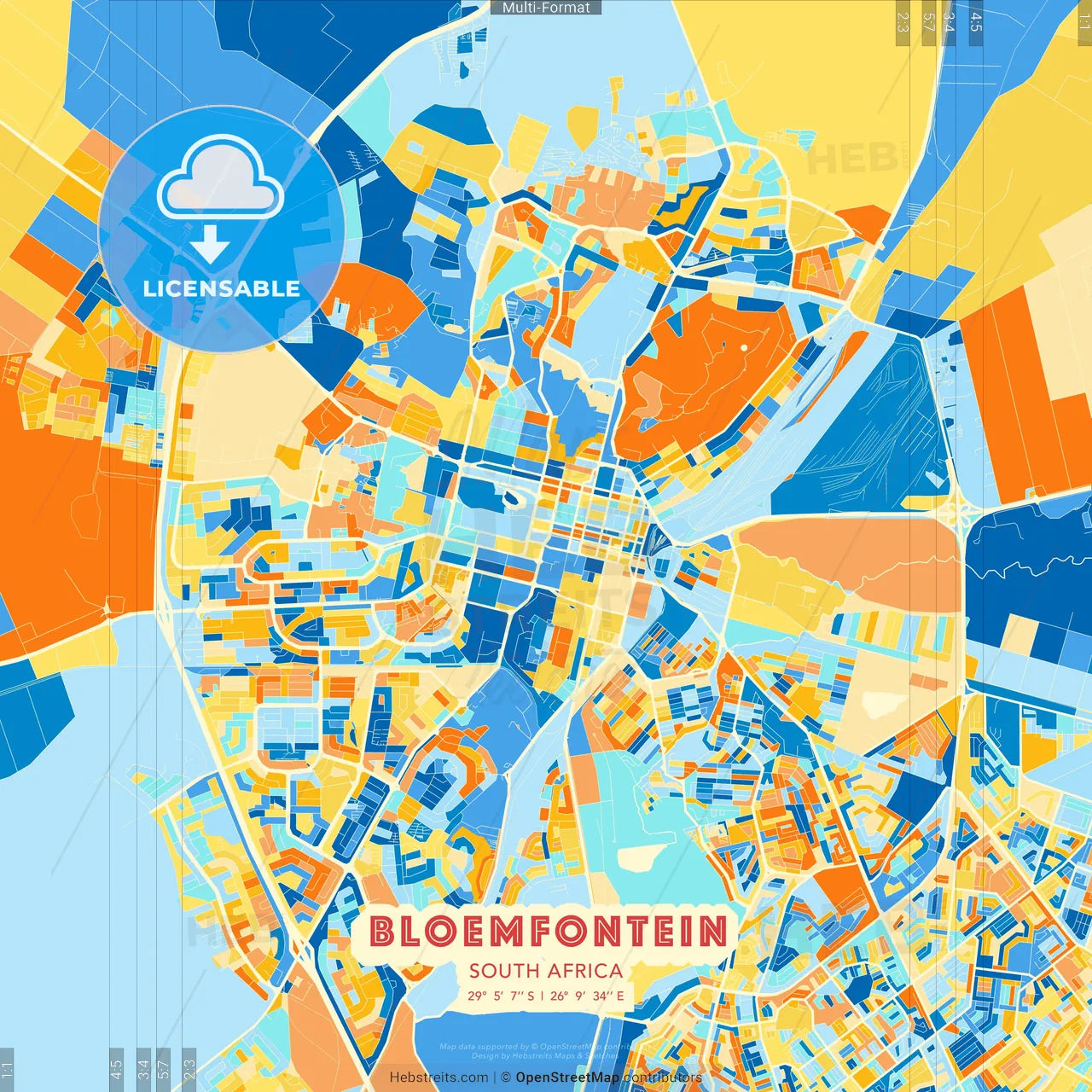 Bloemfontein, South Africa blue and orange vector art map template
