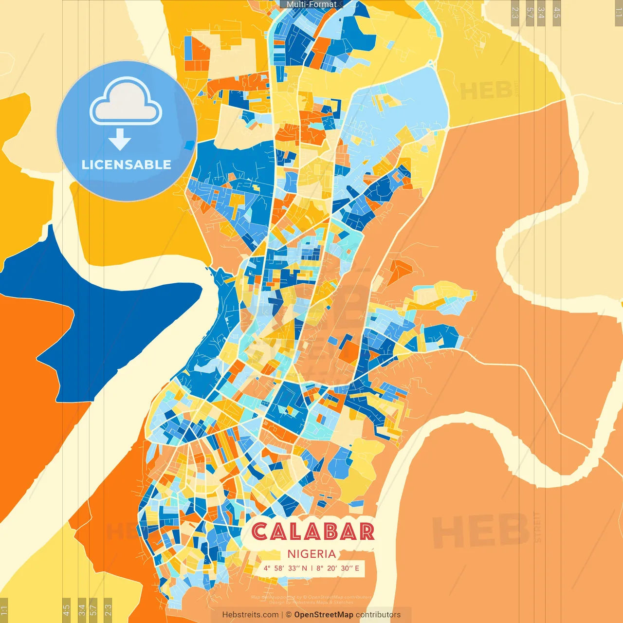 Calabar, Nigeria blue and orange vector art map template