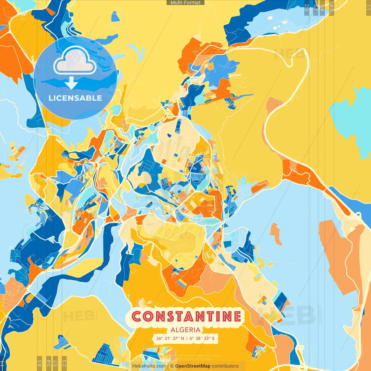 Constantine, Algeria blue and orange vector art map template