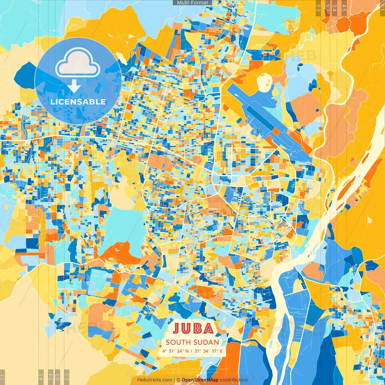 Juba, South Sudan blue and orange vector art map template