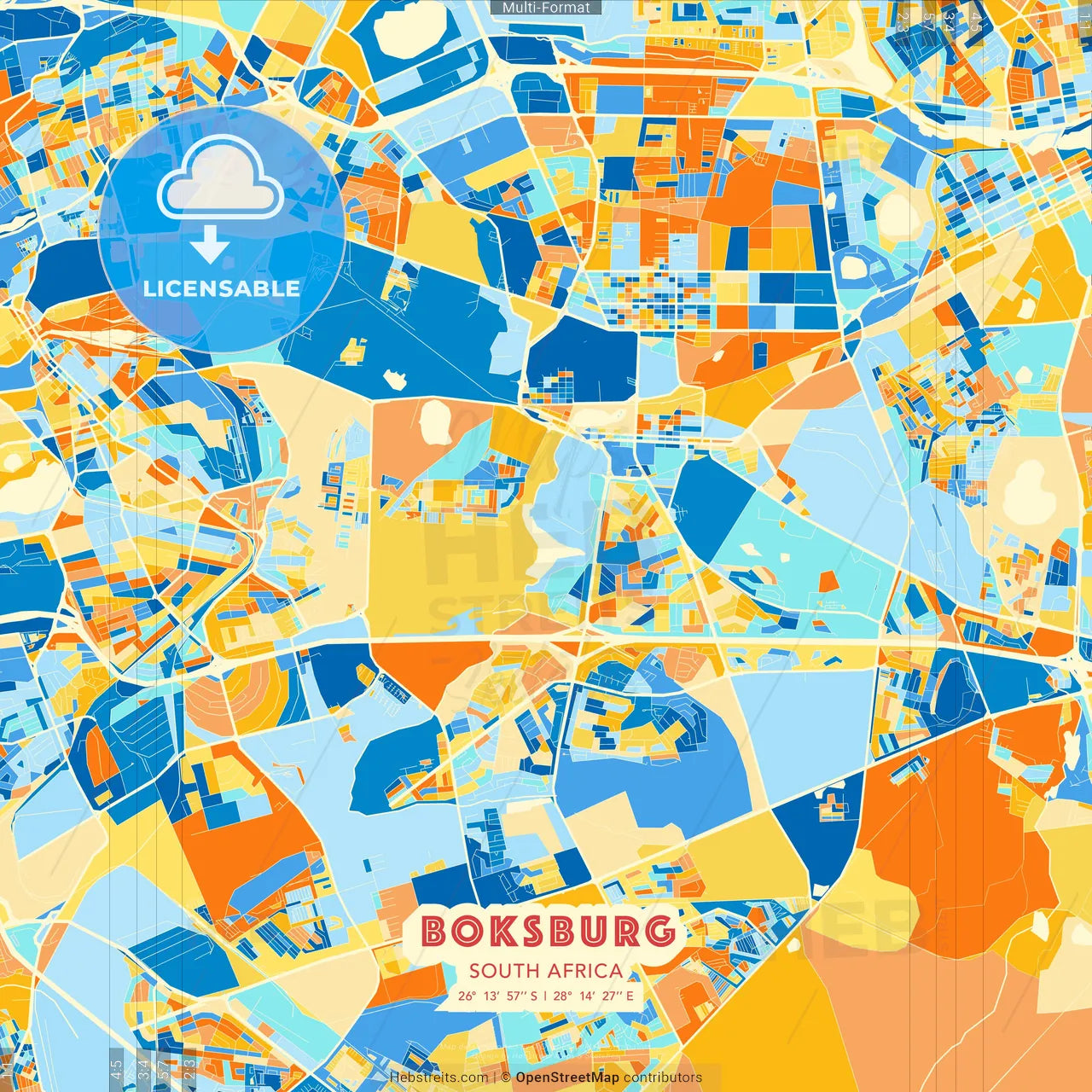 Boksburg, South Africa blue and orange vector art map template