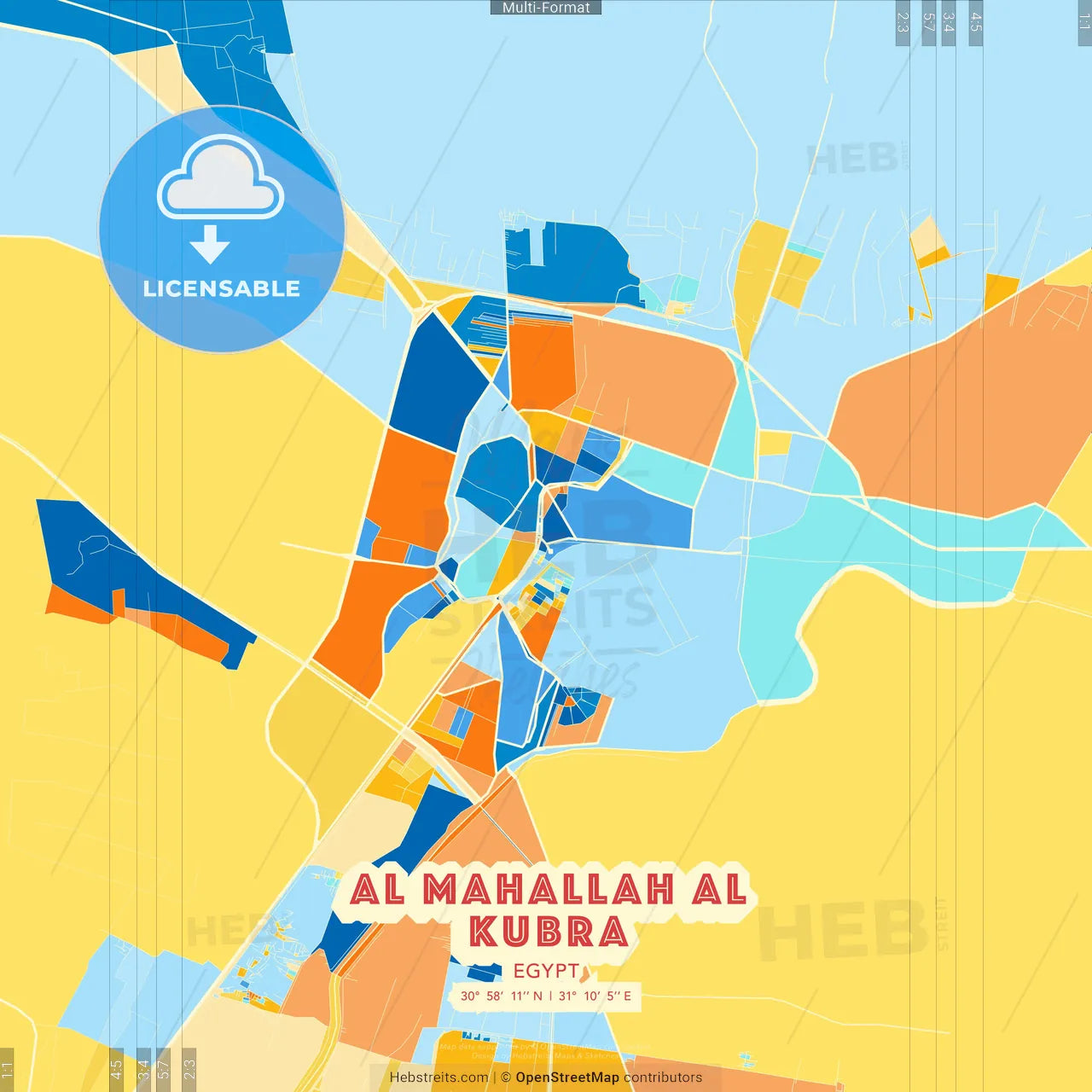 Al Mahallah al Kubra, Egypt blue and orange vector art map template