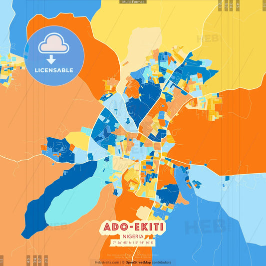 Ado-Ekiti, Nigeria blue and orange vector art map template