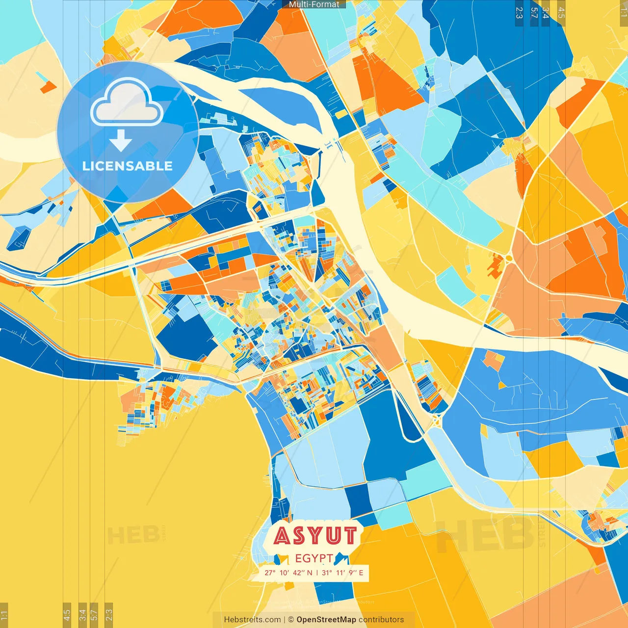Asyut, Egypt blue and orange vector art map template