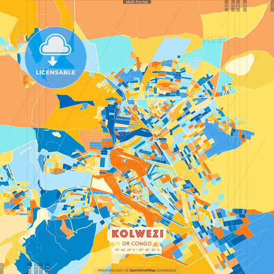 Kolwezi, DR Congo blue and orange vector art map template