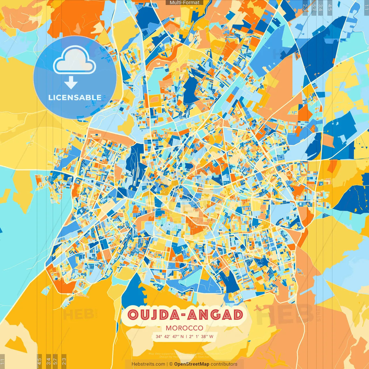 Oujda-Angad, Morocco blue and orange vector art map template