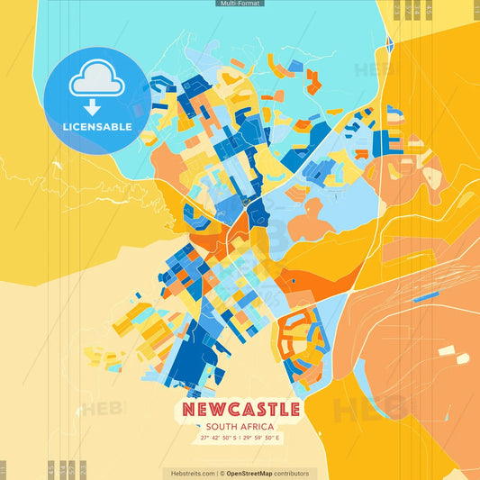 Newcastle, South Africa blue and orange vector art map template